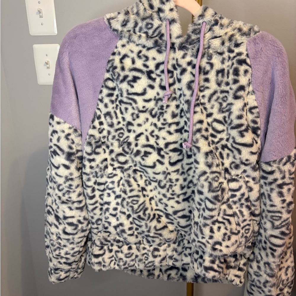 NWT Hem & Thread Animal Print Hoodie with Purple Trim